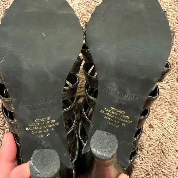 Colin Stewart 6.5 strappy high heel sandals booties brown gray patent leather - Picture 11 of 13